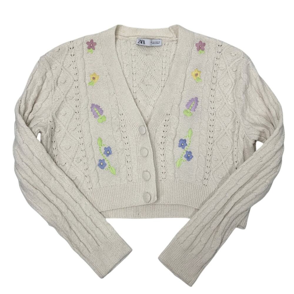 Zara Cream Cropped Cardigan with Floral Embroidery